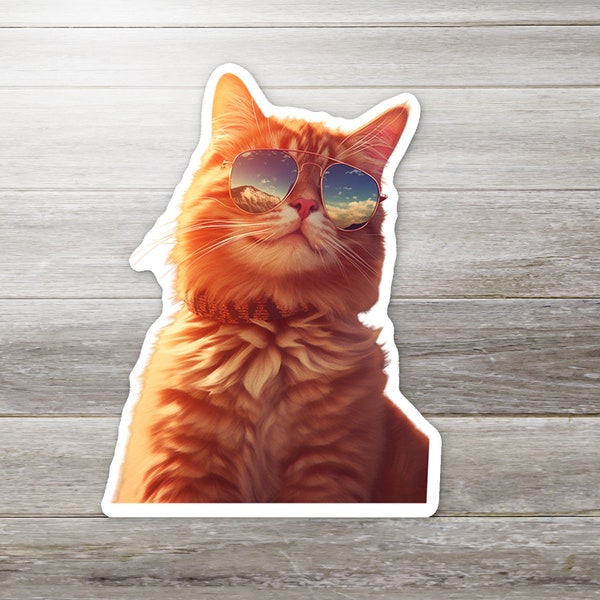 Bright Like Your Future Cat Sticker- orange tabby cat wearing aviator sunglasses