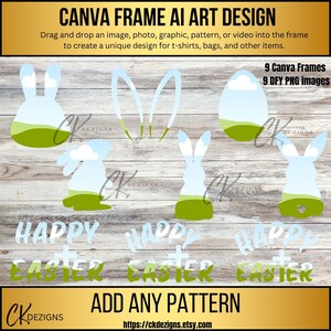 May include: Nine digital frames featuring a bunny rabbit silhouette with a blue sky and green grass background. The frames are designed for use with Canva and include the text "Happy Easter" in a green and blue gradient.