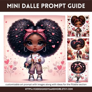 Puede incluir: Una ilustración digital de una niña negra con grandes moños afro, vistiendo una bandana roja, una camisa a cuadros y un suéter blanco. Ella sostiene una tarjeta que dice "Love's" y tiene una pequeña bolsa en su hombro. El fondo es rosa con corazones y flores.
