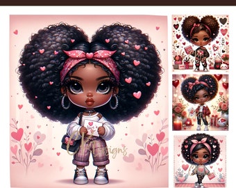 Puede incluir: Una ilustración digital de una niña negra con grandes moños afro, vistiendo una bandana roja, una camisa a cuadros y un suéter blanco. Ella sostiene una tarjeta que dice "Love's" y tiene una pequeña bolsa en su hombro. El fondo es rosa con corazones y flores.