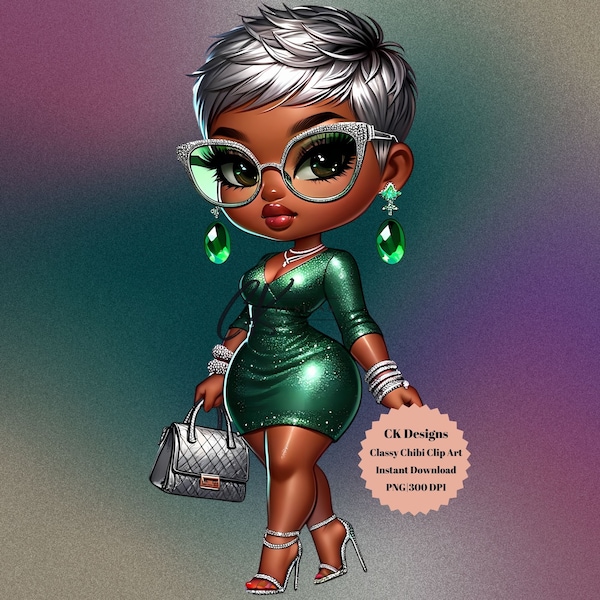 Glamorous African American Chibi Doll Green Dress, Digital Download, Glamorous Dress for Chibi Doll, Glamorous Chibi Doll Dress