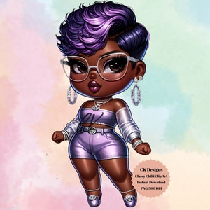Bambola di carta digitale con capelli viola, bambola di carta glamour Chibi, vestiti glamour Chibi, bambola glamour Chibi