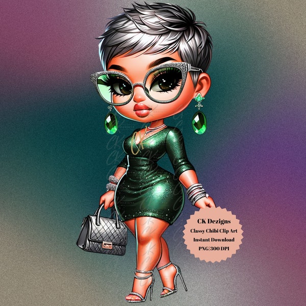 Glamorous Chibi Doll Green Dress, Digital Download Chibi Doll Clothes, Glamorous Dress for Chibi Doll, Glamorous Chibi Doll Dress