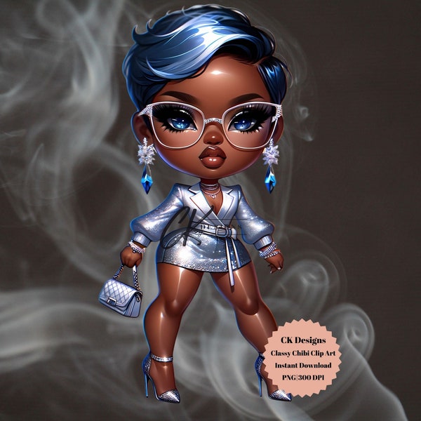 Glamorous Chibi Doll Short Silver Dress, Digital Art Illustration backless Dress, Chibi Doll Girl