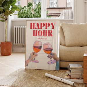 Happy Hour Wall Art Print, Bar Cart Art, Alcohol Poster, Bar Cart Accessories, Bar Cocktail Print, Trendy Drinks Print, Trendy Kitchen Print