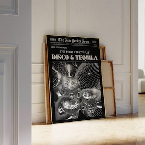Disco en tequila krantenkop poster, tequila print, retro bar cart kunst aan de muur, New York News, feestposter, kunst jaren 70, kunst uit de jaren 70, discobal print