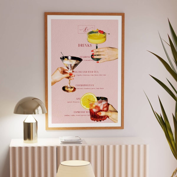 Drinks Menu Poster, Cheers Print, Bar Cart Decor, Trendy Kitchen Wall Art Print, Retro Alcohol Poster, Liquor Print, Dinner Party Poster