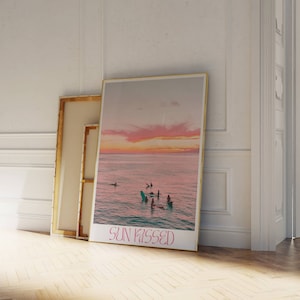 Cartel besado por el sol, impresión de playa de moda, impresión de pared retro de los años 70, arte del atardecer, arte de la pared de la playa, cartel de la casa de la playa de verano, cartel del atardecer de la playa