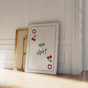 Cartel de Mon Chéri, impresión de tarjeta reina de corazones de moda, cartel de cereza, tarjeta de corazones, decoración de naipes, impresión dibujada a mano, arte retro de moda de los años 70