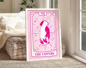 The Lovers Tarot Card Print • Spiritual Wall Art • Lovers Poster • The Lovers Tarot Card Wall Art • Aesthetic Pink Preppy Wall Art Decor