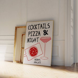 Póster de cócteles, Impresión de pizza, Arte de carrito de bar, Póster de comida vintage, Ilustración dibujada a mano, Impresión moderna de mediados de siglo, Arte de pared de cocina moderna
