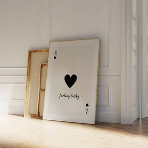 Estampa Lucky Girl, Estampa Feeling Lucky, Estampa preta de ás de copas, Estampa de cartão retrô, Estampa de cartas de jogar, Arte de parede formal, Estampas de parede femininas