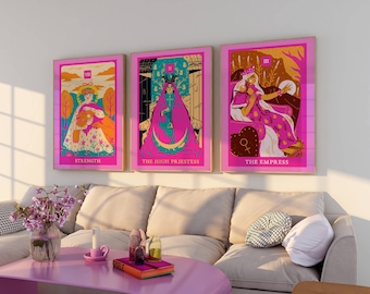 Trendy Celestial Tarot Cards, The Empress, Strength, The High Priestess, Celestial Spiritual Deco, Aesthetic Room Art, Set of 3 Bundle Print