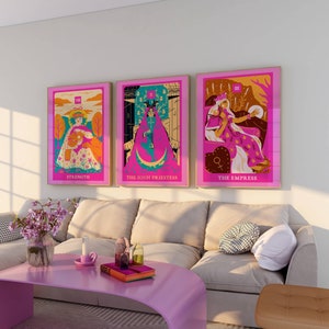 Trendy hemelse tarotkaarten, de keizerin, kracht, de hogepriesteres, hemels spiritueel deco, esthetische kamerkunst, set van 3 bundelafdruk