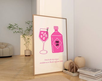 Stampa artistica da parete Pink Gin, arte carrello bar, poster di alcolici, accessori carrello bar, stampa cocktail bar, stampa bevande alla moda, stampa cucina alla moda