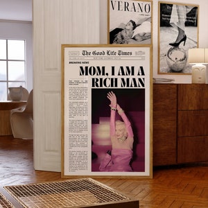 Mamo, jestem bogatym człowiekiem, plakat z nagłówkiem gazety, plakat z cytatem, retro wózek barowy, feministyczna sztuka ścienna, wiadomości z Nowego Jorku, okładka magazynu, sztuka Preppy