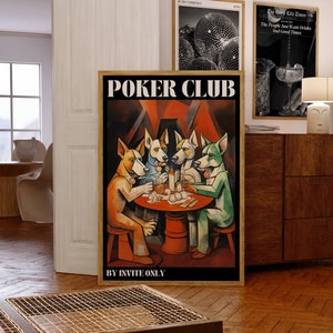 Affiche du club de poker, illustration abstraite de Picasso vintage, chiens vintage jouant aux cartes, art mural soirée poker, art mural esthétique club de poker