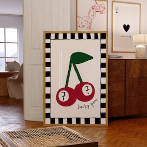 Feeling Lucky 7 Ball Art Poster, Lucky You Print, Arte de pared de los años 70, Arte de carrito de bar retro, Arte de pared roja, Póster de billar, Impresión de cereza, Imprimible