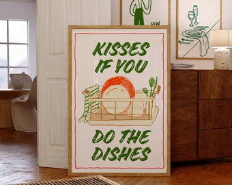 Kisses If You Do The Dishes Poster, Kitchen Print, Mid Century Print, Modern Art, Minimalist Kitchen Art, Above Sink Poster, French Wall Art