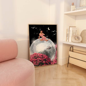 May include: A retro-style illustration of a woman sitting on a disco ball with pink flowers in the foreground. The background is a dark blue night sky with stars and a crescent moon.