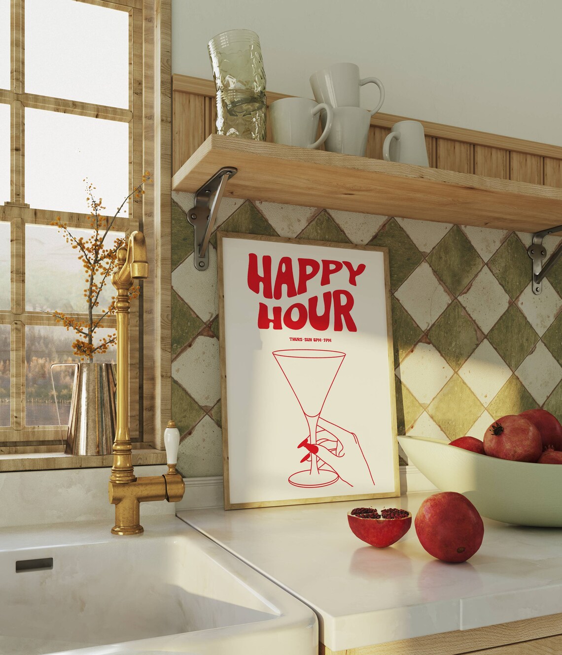 Happy Hour Wall Art Print, Bar Cart Art, Alcohol Poster, Bar Cart