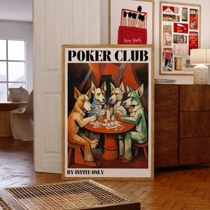 Poster del club di poker, illustrazione astratta di Picasso vintage, carte da gioco di cani vintage, arte da parete della notte del poker, arte estetica della parete del club di poker