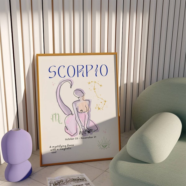 Trendy Scorpio Zodiac Sign Print, Star Sign Poster, Celestial Spiritual Decor, Aesthetic Room Art, Zodiac Sign Wall Art, Scorpio Poster