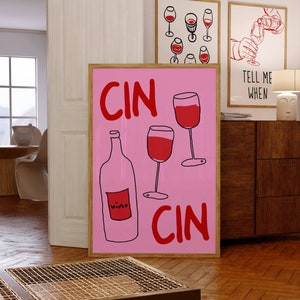 Cin Cin Wine Print, Bar Cart Wall Art, Bar Cart Art, Wine Decor, Retro Wine Poster, Pink Red Art, Retro Bar Cart Printable, Alcohol Print