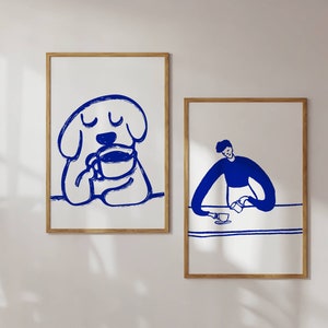 Impresión de café, póster de café, arte de café, decoración de cocina, arte de pared azul, póster de exposición, arte de pared de cocina, conjunto de 2 obras de arte de moda, póster de perro