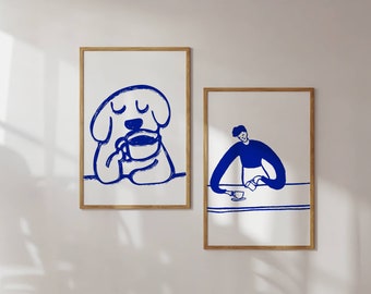 Coffee Print, Coffee Poster, Coffee Art, Kitchen Decor, Blue Wall Art, Exhibition Poster, Kitchen Wall Art, Trendy Set of 2 Art, Dog Poster