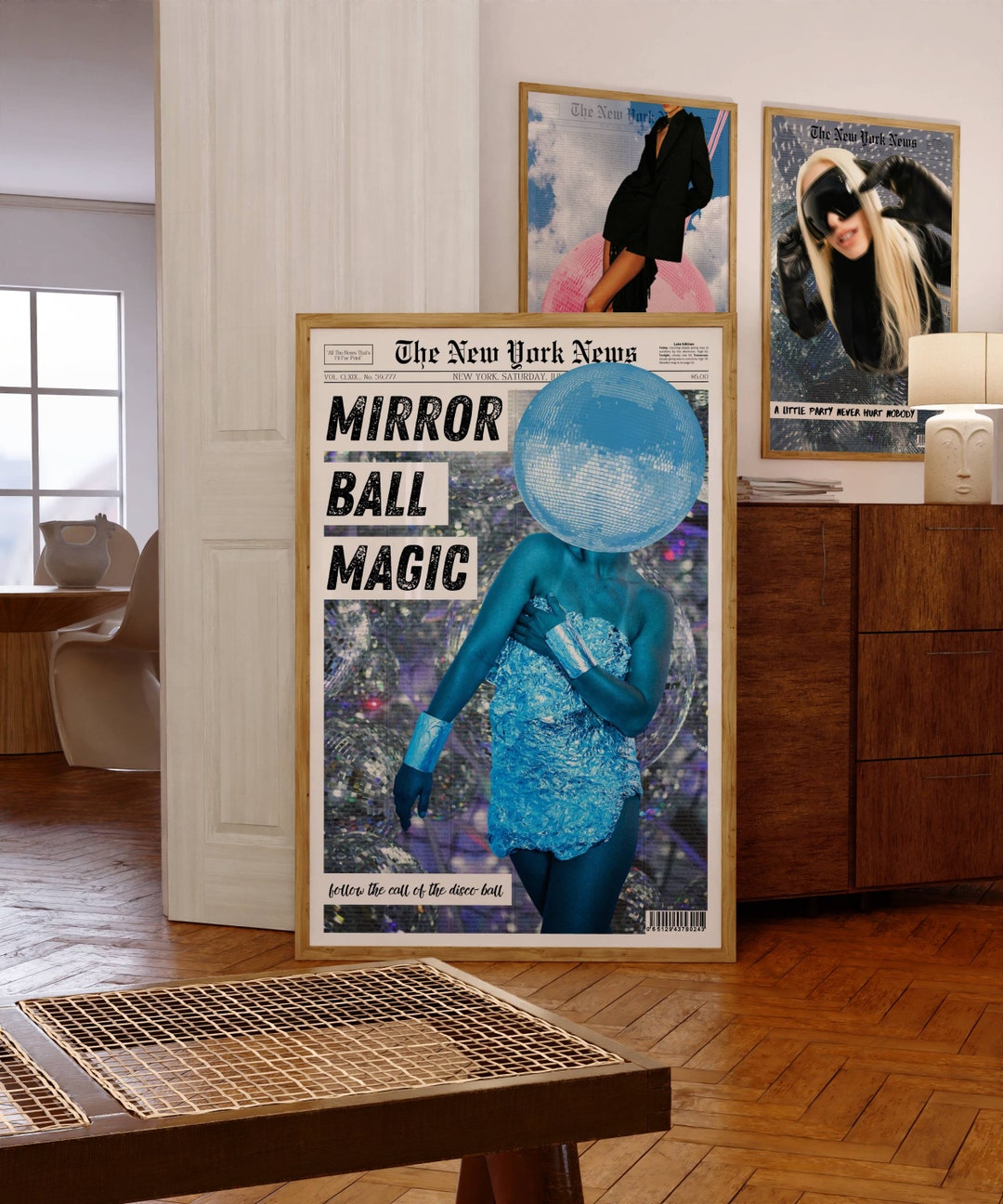 Mirrorball Newspaper Headline Poster, Retro Bar Cart Wall Art, 70s