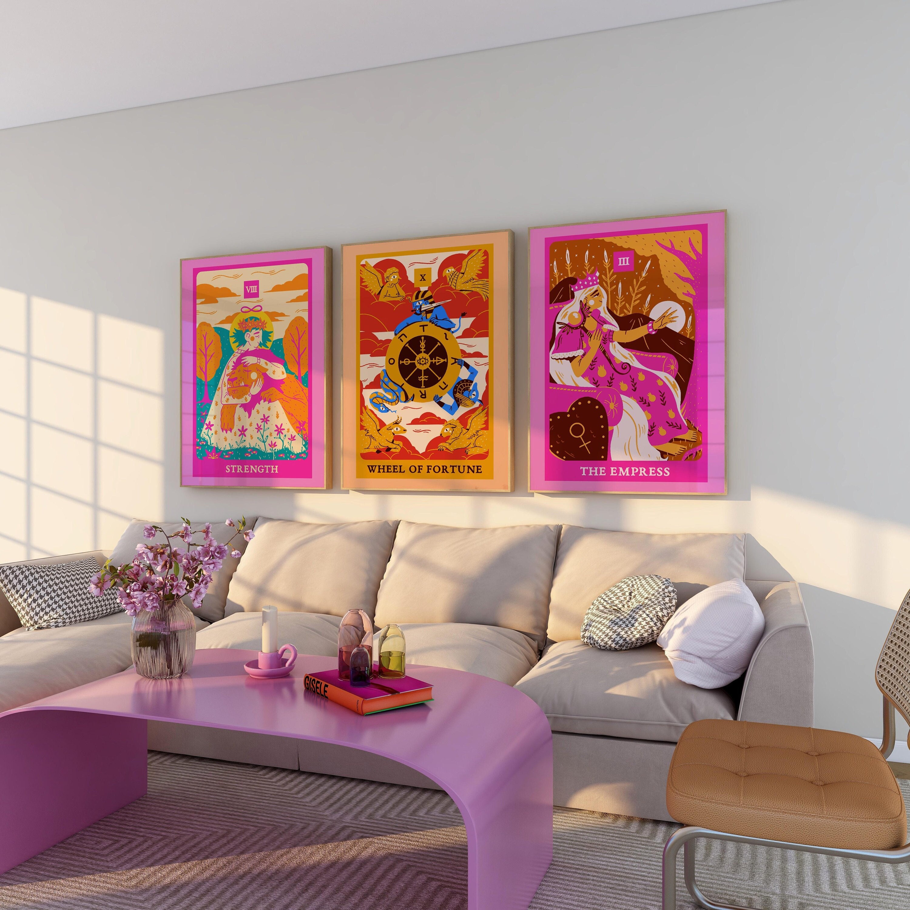 Trendy Celestial Tarot Cards, The Empress, Strength, Wheel of Fortune, Celestial Spiritual Decor, Aesthetic Room Art, Set of 3 Bundle Prints