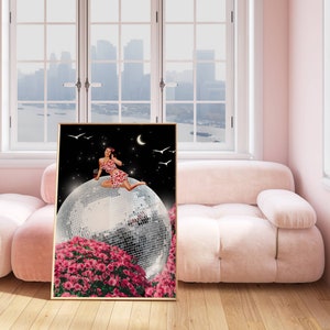 May include: A woman in a red and white polka dot dress sits on a large disco ball, surrounded by pink flowers. The background is a dark blue night sky with stars and a crescent moon.