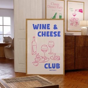 Wine and Cheese Club poster, barwagen print, vintage eten poster, retro bar muurkunst, moderne print uit het midden van de eeuw, moderne keuken muurkunst