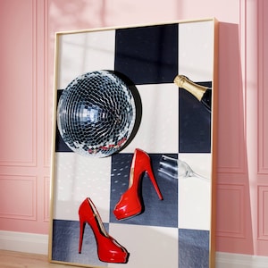 Wydruki Disco Ball, Wystrój Bar Cart, Modne wydruki sztuki ściennej, Wydruk Retro Funky Home, Wystrój Disco z lat 70., Wydruki Preppy, Wydruki Y2K, Sztuka szampana