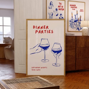Dinner Party Poster, Happy Hour Wall Art, Dinner Party Club Print, Retro Bar Cart Art, Trendy Kitchen Print, Bar Cart Accessories, Bar Print