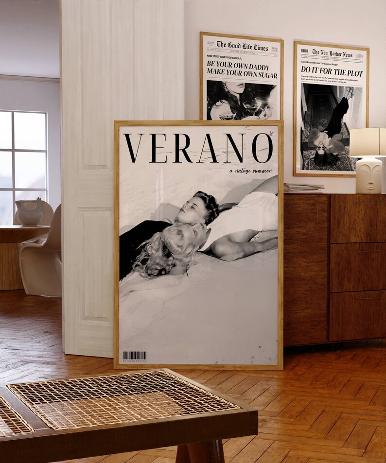 May include: A vintage-style magazine cover with the word "VERANO" in large, bold letters. The cover features a black and white photograph of a couple lying in bed, with the text "a vintage summer" below the title.