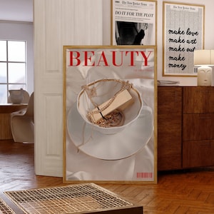 BEAUTY Magazine Poster, Trendy Magazine Cover Print, Retro 70s Wall Print, Red Wall Art, Aesthetic Fashion Poster, Trendy Girly Room Decor