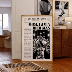 Mamo, jestem bogatym człowiekiem, plakat z nagłówkiem gazety, plakat z cytatem, retro wózek barowy, feministyczna sztuka ścienna, wiadomości z Nowego Jorku, okładka magazynu, sztuka Preppy