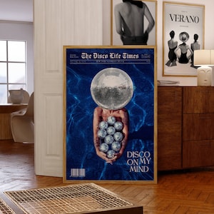 Disco krantenkop poster, retro barwagen kunst aan de muur, prints jaren 70, afdrukken tijdschriftomslag, poster feest, discobal print, New York News