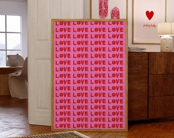 Cartel de amor, arte de pared de amor, cartel de gran tamaño, arte de pared rojo rosa, cartel de cita retro, impresión tipográfica, arte de los años 70, impresión preppy, arte trippy
