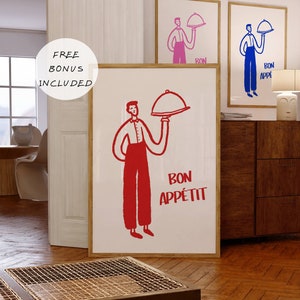 Bon Appétit Poster, Ästhetische Küchenwandkunst, maximalistische Küchenkunst, große Wandkunst, Funky Kitchen Poster, Roter Küchendruck, trendige Kunst