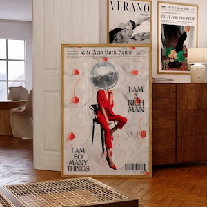 Mamo, jestem bogatym człowiekiem, plakat z nagłówkiem gazety, plakat z cytatem, retro wózek barowy, feministyczna sztuka ścienna, wiadomości z Nowego Jorku, okładka magazynu, sztuka Preppy