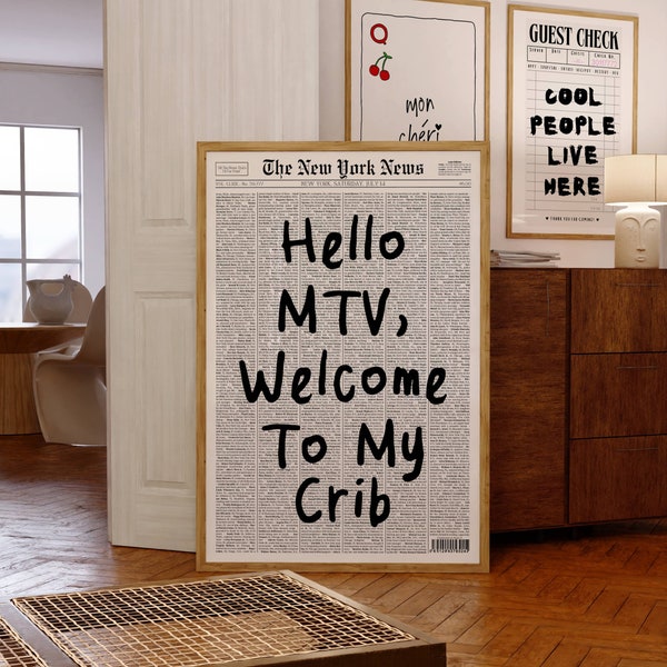 Hi MTV Poster, Welcome To My Crib Print, Zeitungsschlagzeilenposter, Wohnungsästhetik, trendige Wandkunst, MTV Print, Retro Typografie Poster