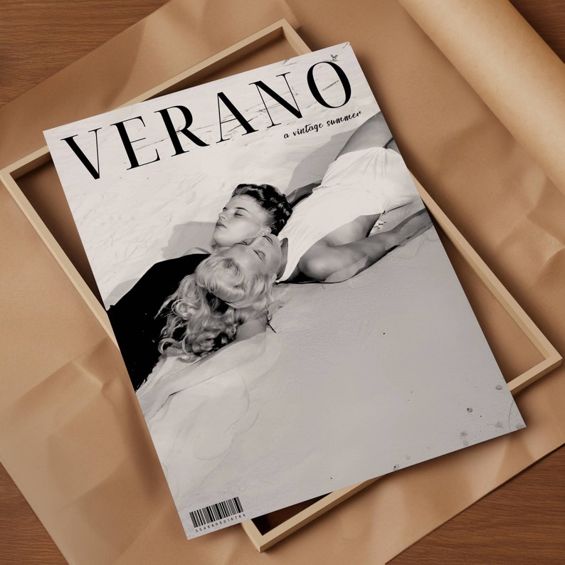 May include: Black and white photo of two women lying on a beach. The photo is from a vintage magazine with the title "VERANO a vintage summer".