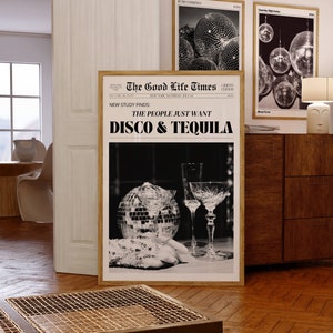 Disco en tequila krantenkop poster, tequila print, retro bar cart kunst aan de muur, New York News, party poster, jaren 70 kunst, discobal print