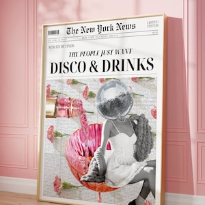 Disco en drankjes krant Headline Poster, Quote Poster, Retro Bar Cart Wall Art, New York News, Party Poster, jaren '70 kunst, Disco Ball Print