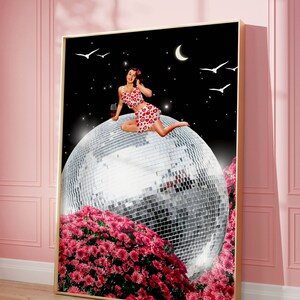 May include: A woman in a red and white polka dot dress sits on a large silver disco ball. The disco ball is surrounded by pink flowers. The background is a dark blue night sky with stars and a crescent moon.