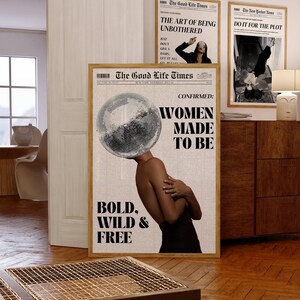 Nagłówek gazety dla kobiet, plakat z cytatem, sztuka ścienna feministyczna w stylu retro, wiadomości z Nowego Jorku, sztuka na okładce magazynu, sztuka Preppy, sztuka ścienna z lat 70.