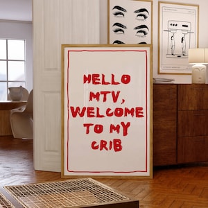 Hi MTV ポスター、Welcome To My Crib プリント、トレンディな赤い壁アート、アパートメントの美学、トレンディな壁アート、MTV プリント、レトロなタイポグラフィ ポスター